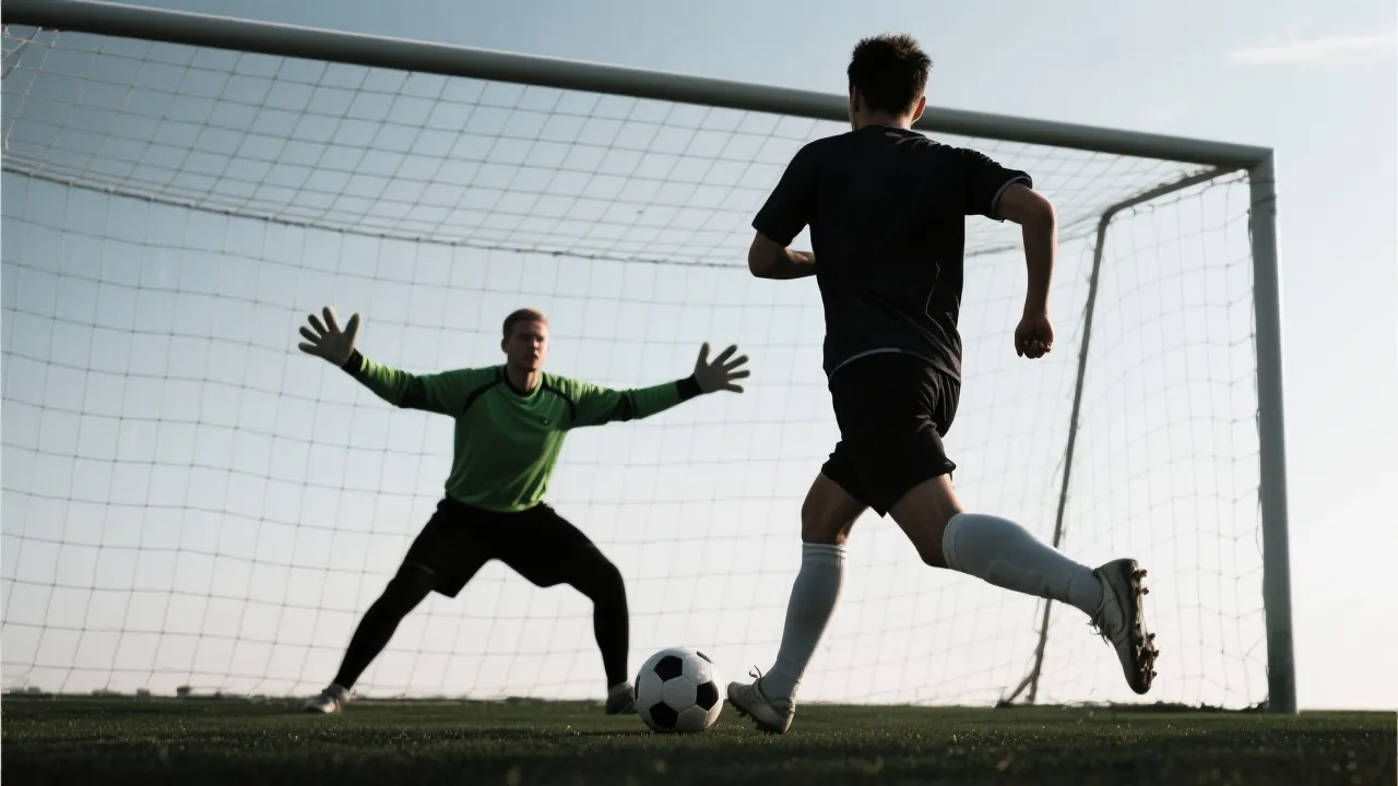 门将在点球中伸展双臂进行干扰，主罚者正在助跑，紧张氛围强烈