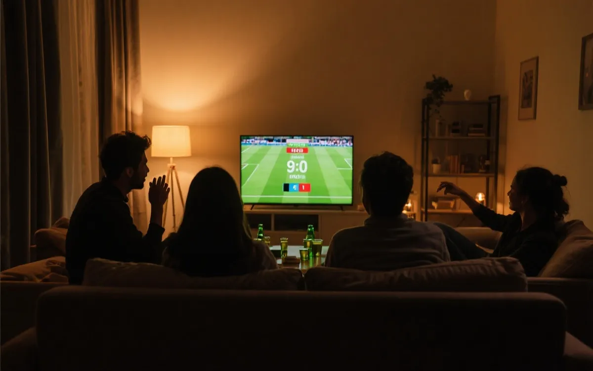 新手看世界杯：客厅观赛场景，屏幕上显示比分与计时