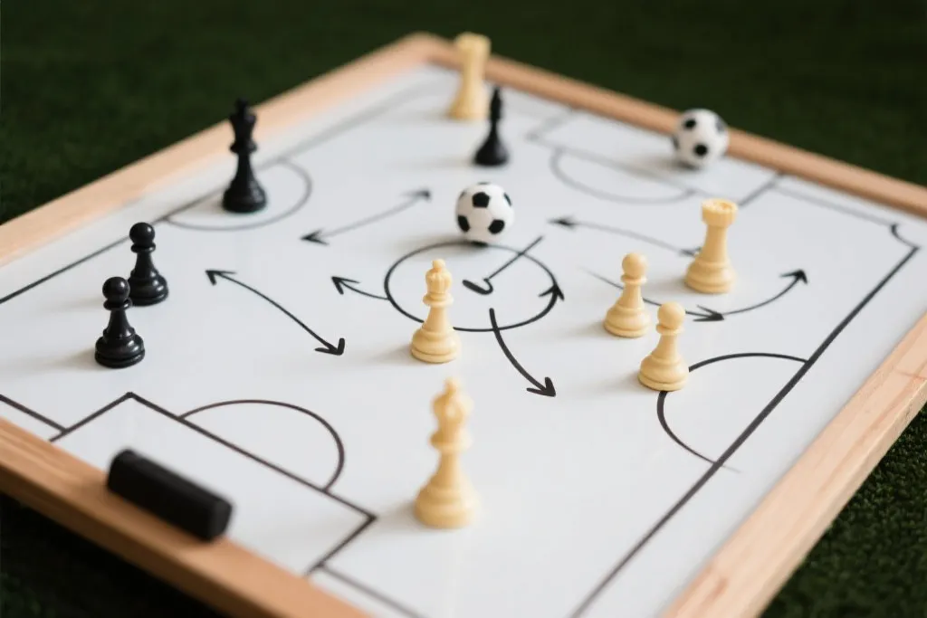 战术板上摆放着足球棋子,手绘的战术路线图和箭头,充满策略感